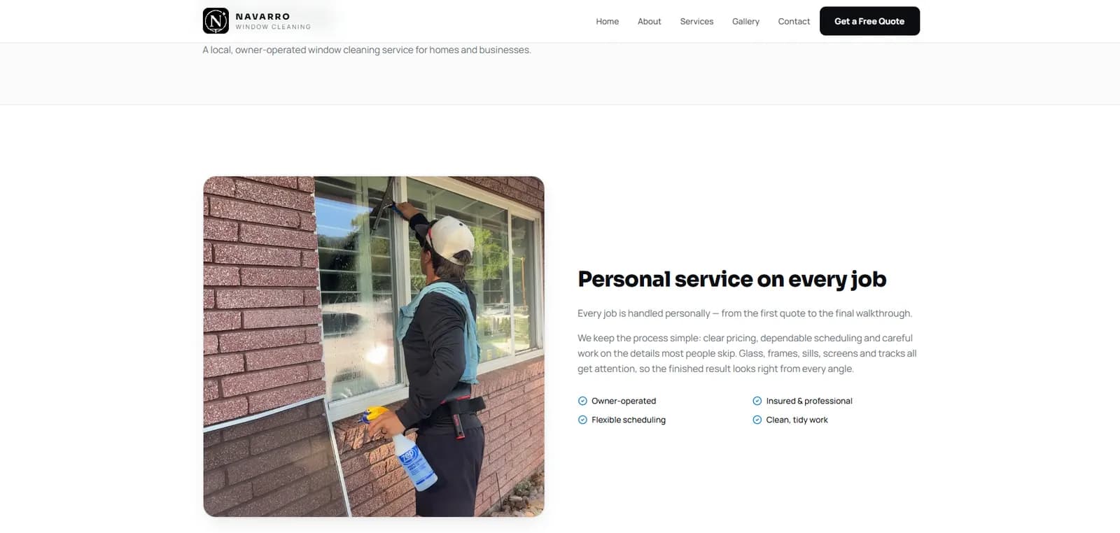 Navarro Window Cleaning about section — “Personal service on every job” with a window-washing photo