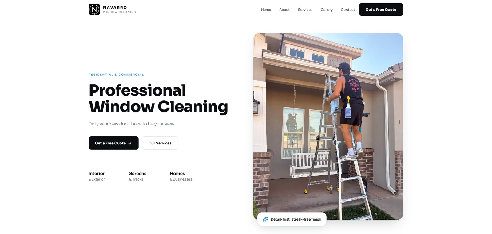 Navarro Window Cleaning homepage — “Professional Window Cleaning” with a photo of the owner working on a ladder
