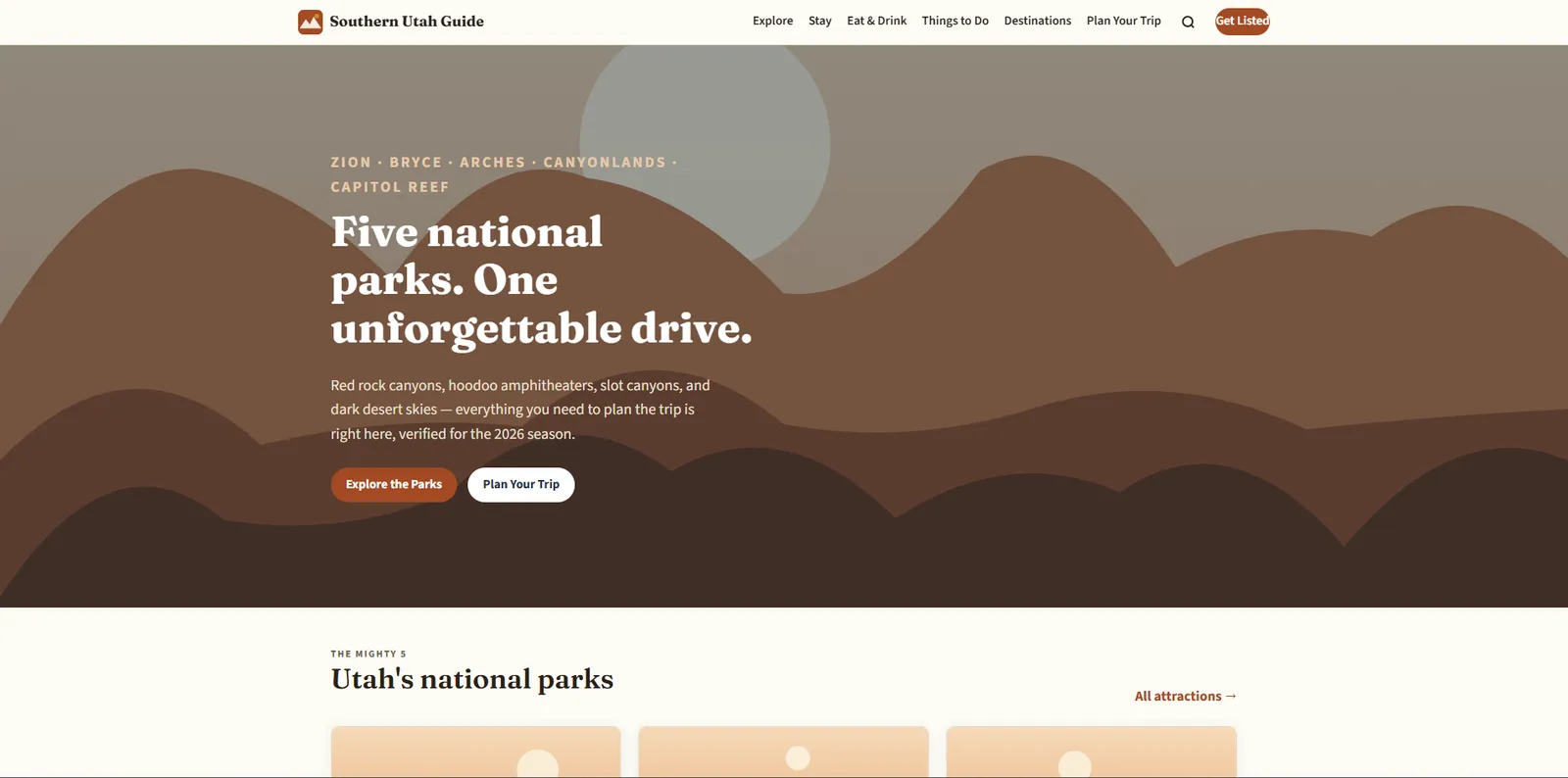 Southern Utah Explorer homepage — “Five national parks. One unforgettable drive.” over illustrated red-rock hills